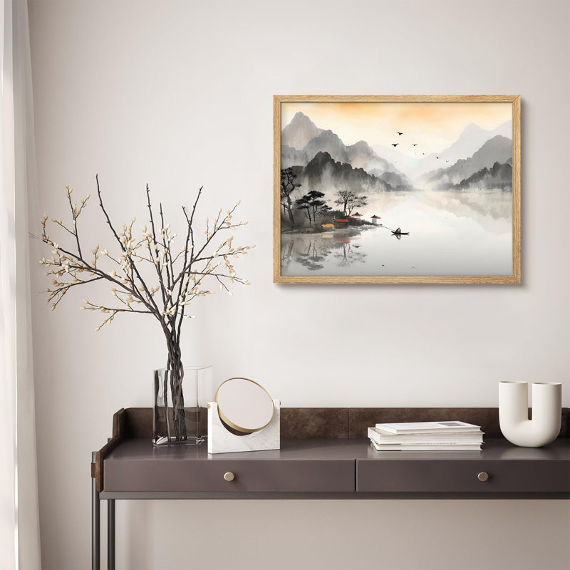 «Serene Mountain Lake with Mist and Birds in Asian Landscape Illustration», affiche encadrée rustique, Naturel