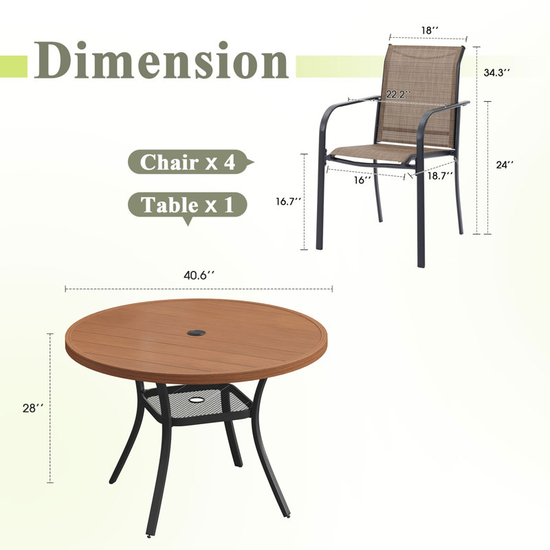 4-Person Square Patio Dining Set With Stackable PVC-coated polyester Chairs, Brush Wood Brown/Brown