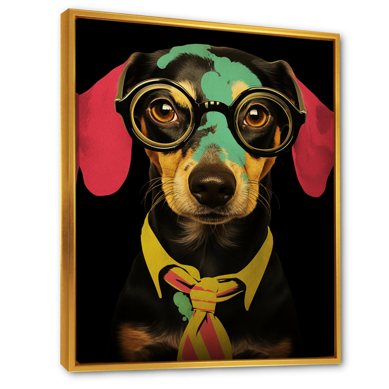 Curious Popart Daschund Dog III - chien, art mural, Cadre flottant doré, H 44 po x l 34 po x P 1,5 po