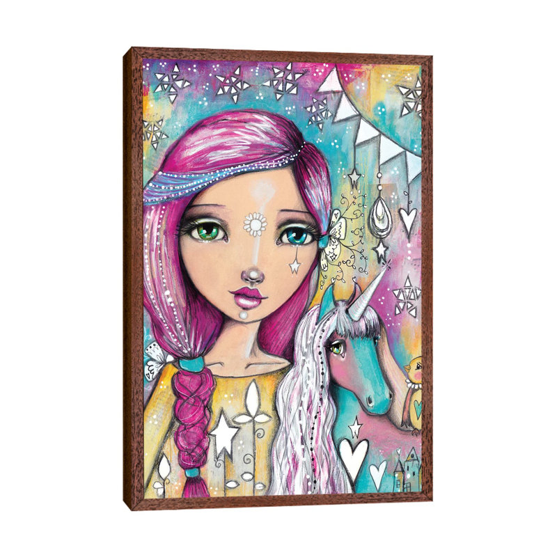 Unicorn Girl by Tamara Laporte - Print on Canvas, 66.04 cm H x 45.72 cm W, Classic Brown Wood Framed