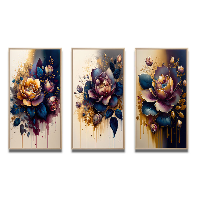 «Night Shade Rose Design», ensemble de 3 pièces d'art floral et botanique, Brun, H 28 po x l 36 po