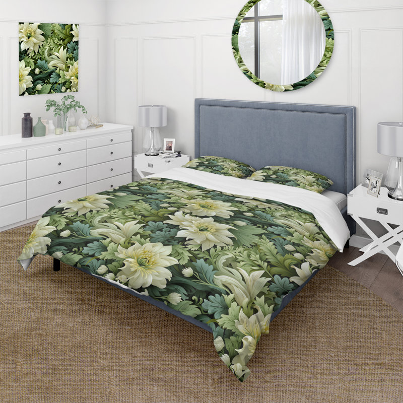 Ensemble de housse de couette Green Floral Flourish Elegance III - Floral, Housse de couette pour très grand lit et 2 très
