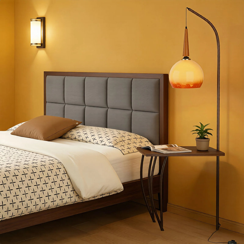 Vintage Arched Floor Lamp With Solid Wood Side Table