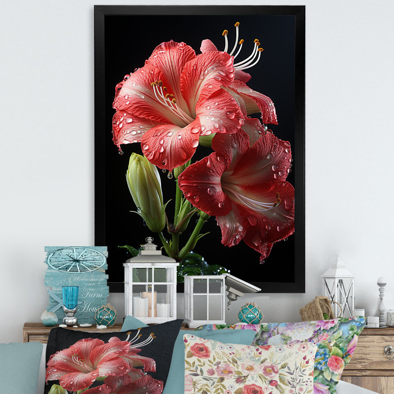 Fleur de lis rose II - art mural Lily, Cadre photo noir simple, H 32 po x l 16 po x P 1 po