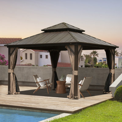 10 Ft. W x 10 Ft. W Galvanized Steel Patio Gazebo with Overhang Slope-design Double Roof