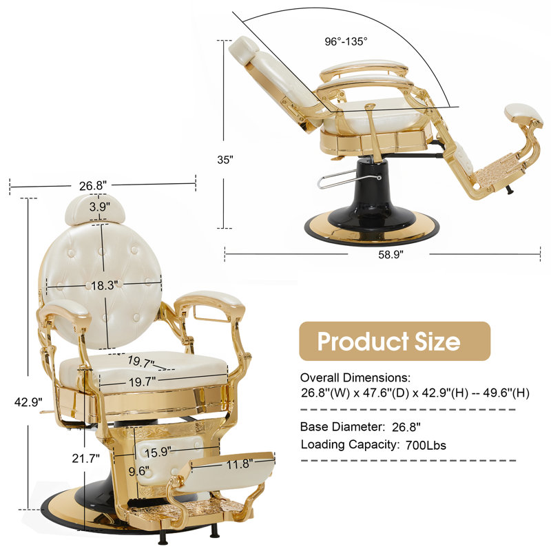 Fauteuil de barbier robuste de 26 po d'épaisseur rétro avec structure en métal, fauteuil de salon pivotant, similicuir, Blanc