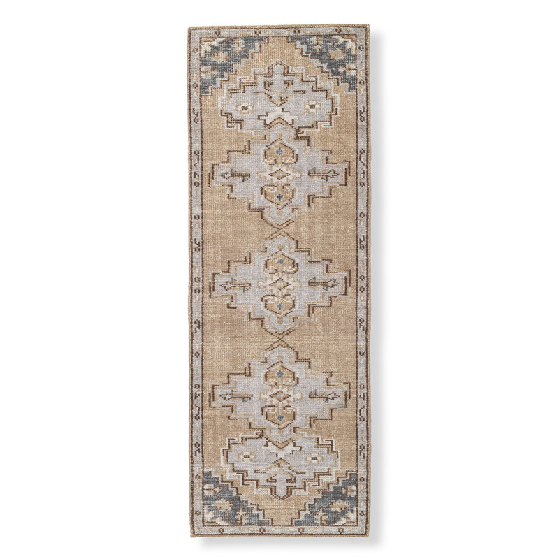 Tapis oriental en laine noué à la main brun clair / gris / bleu clair Levi, Tapis de couloir 2 pi 6 po x 7 pi