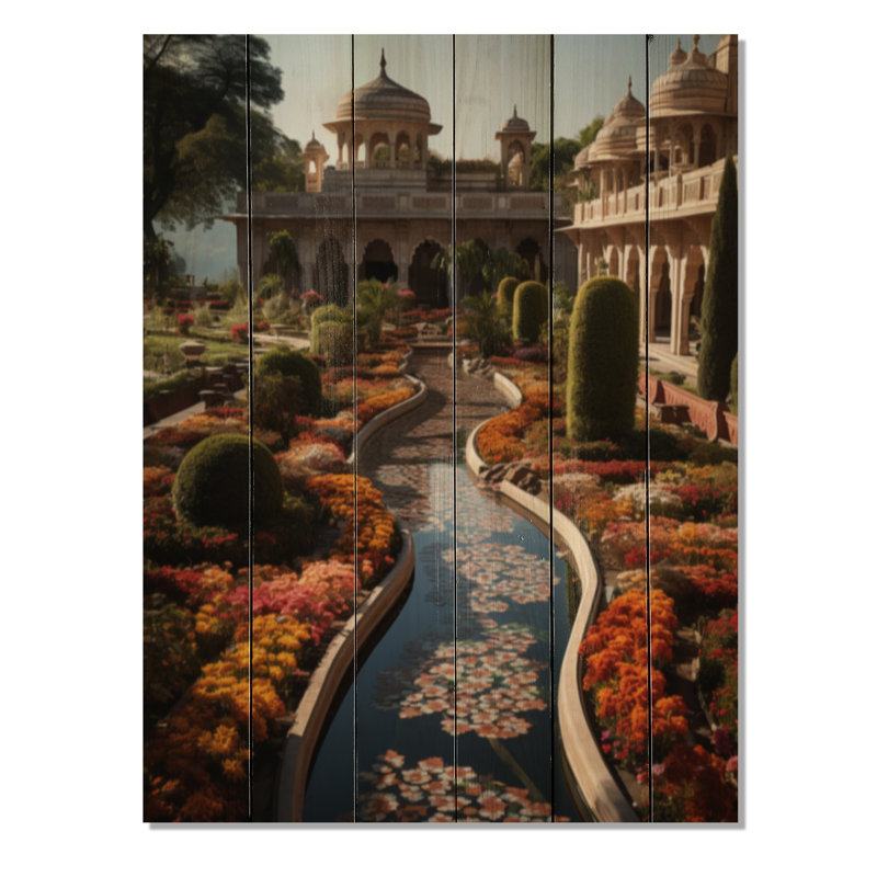 Beige orange, art indien, jardins moghols - impression sans cadre sur bois, H 32 po x l 24 po x P 0,78 po