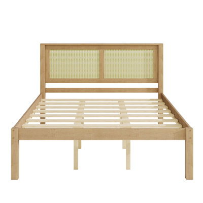 Lit plateforme en bois massif avec tête de lit en rotin, cadre de lit Boho de style campagnard, rangement sous le lit, aucun sommier nécessaire