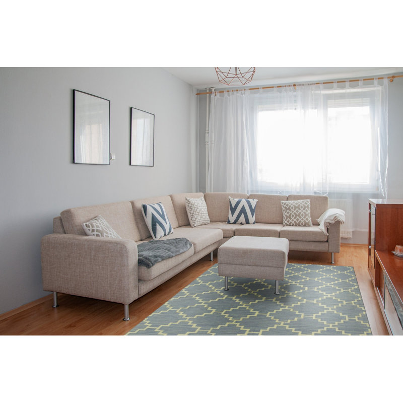 Ruby Moroccan Blue Flatweave Wool Ivory Contemporary Trellis Handmade Area Rug, Rectangle 5' x 8'