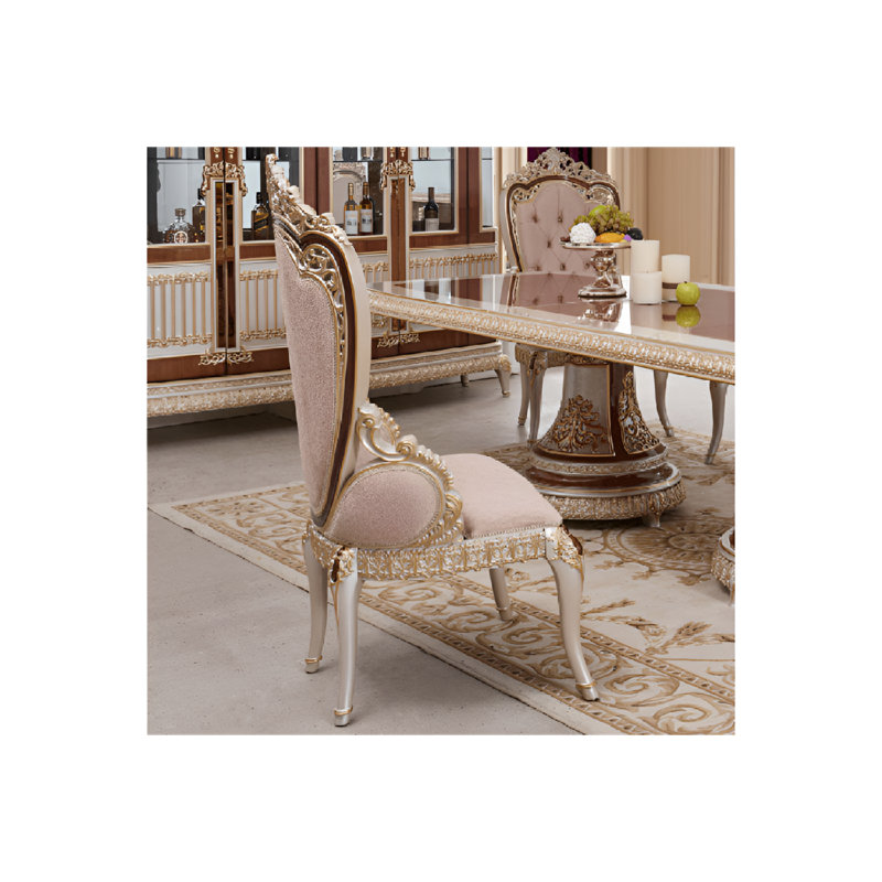 Chaise de salle à manger antique en ivoire sculptée à la main avec revêtement en chenille