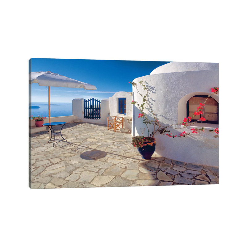 Greece, Santorini, Oia. House Balcony With Ocean View by Jaynes Gallery - Wrapped Canvas Print