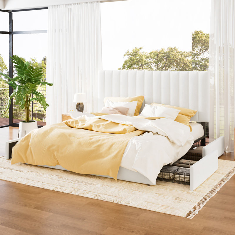4-Drawer Velvet Upholstered Storage Platform Bed with Adjustable Headboard, White, King