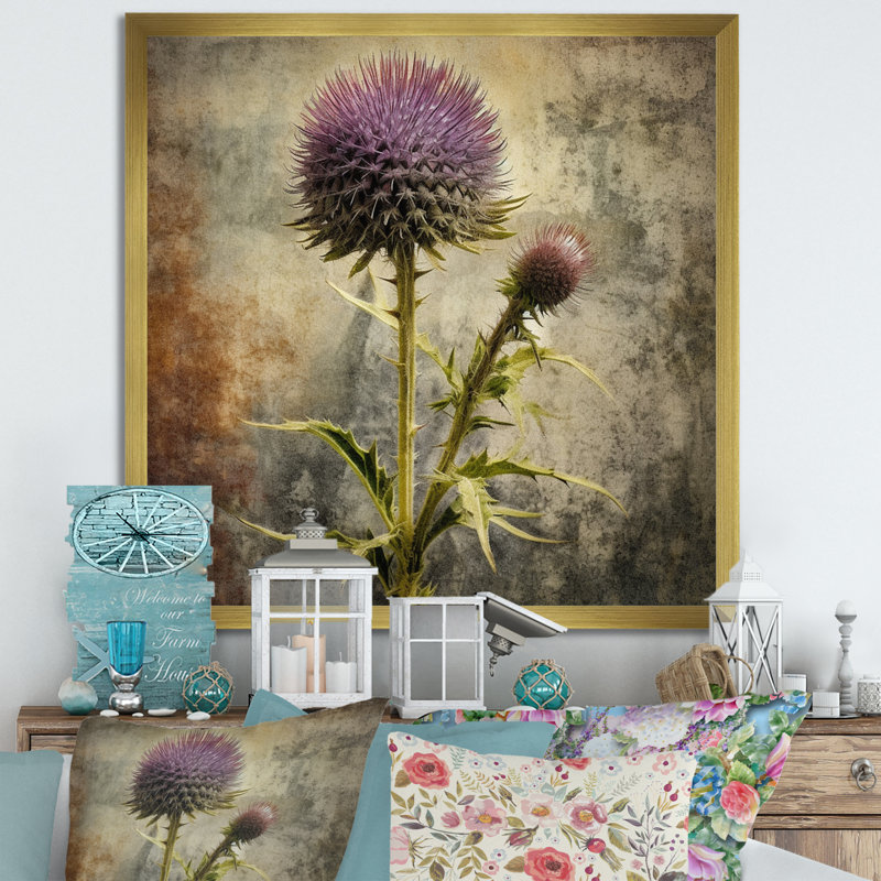 " Purple Green Thistle Whispers ", 36" H x 36" W x 1.5" D, Gold Picture Framed