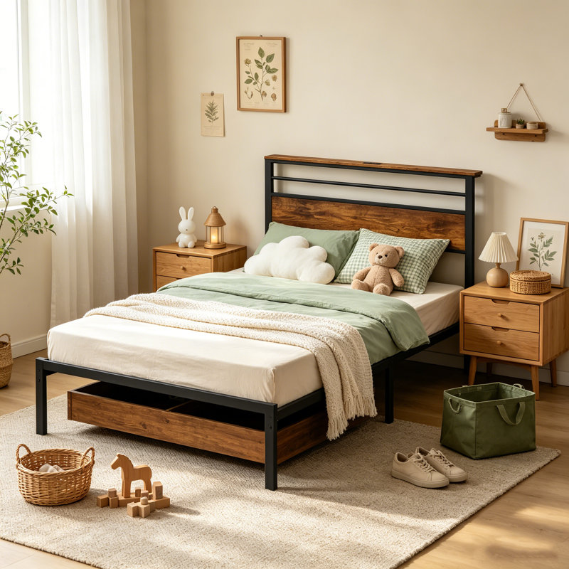 Structure de lit simple avec station de charge USB et tablette de rangement, tête de lit tapissier plateforme - conception robuste en métal et bois, aucun sommier nécessaire, noir
