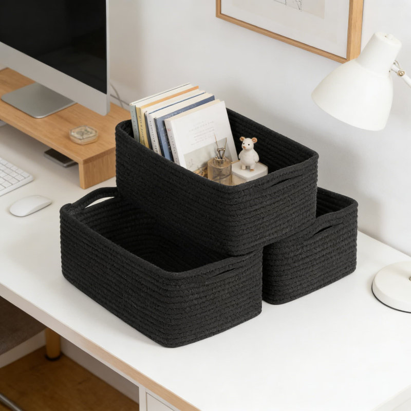 Woven Rope Storage Baskets 3-Pack, Collapsible Organizer Bins For Shelves, Closet, And Home Organization, Rectangular Decorative Baskets For Towels, Toys, And Essentials