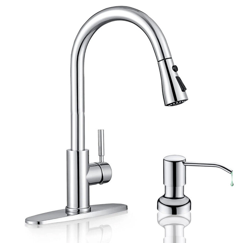 Robinet de cuisine extractible à poignée simple avec distributeur de savon et plaque de pont, Chrome