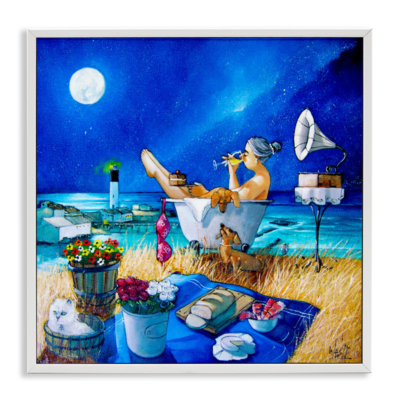 «Nighttime Bath by Sea», estampe numérique encadrée par Ronald West, Giclée encadrée blanc bord de mer, H 12 po x l 12 po
