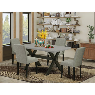 5 Piece Modern Dining Table Set Includes a Rectangle Wooden Table with X-Legs and 4 Shitake Linen Fabric Upholstered Parson Chairs, Wire brushed Black