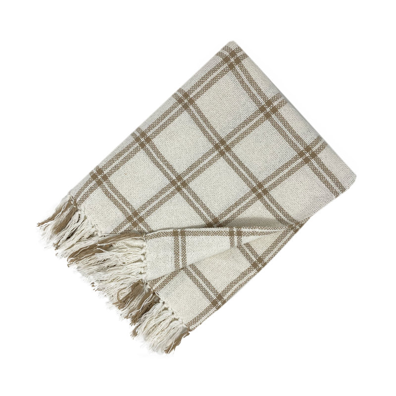 Double Windowpane Hand Woven Throw Blanket, White/Tan