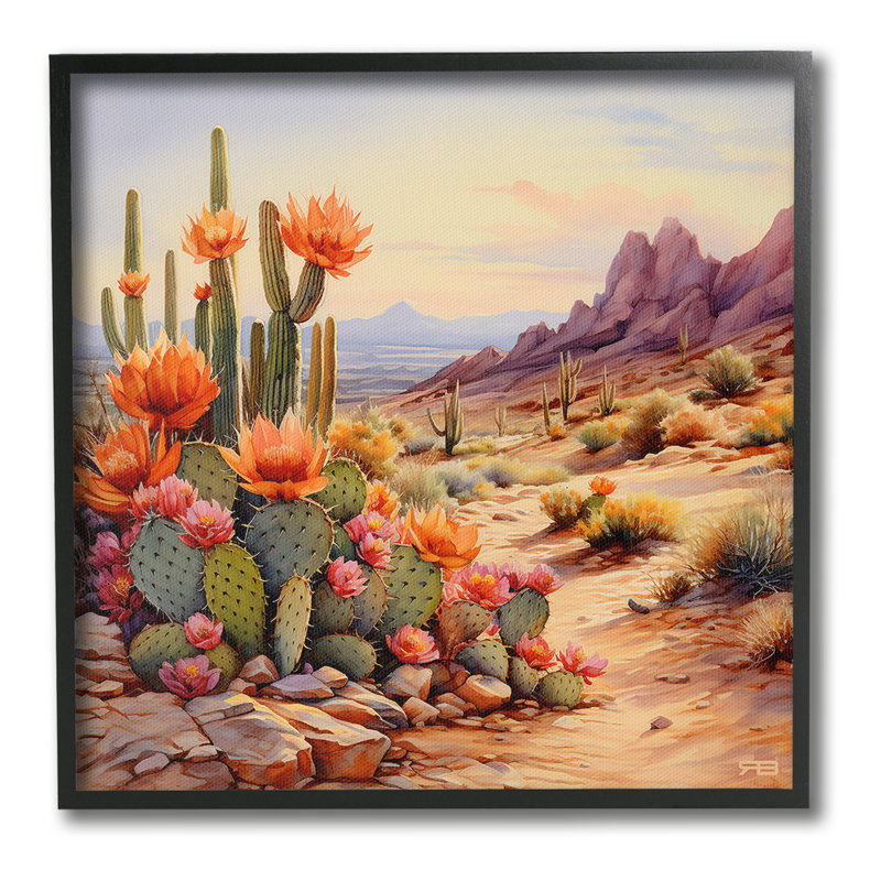 Paysage de fleurs de cactus, estampe numérique encadrée par RB, H 24 po x l 24 po, Giclée encadrée noir minuit