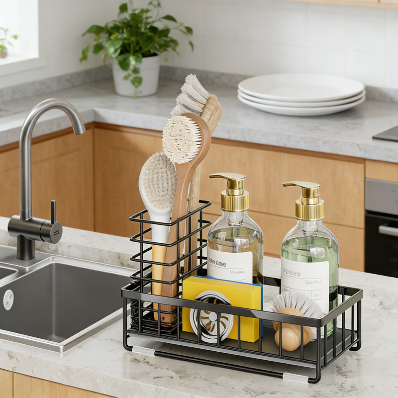 Kitchen Sink Organizer With Instant-Dry Sponge Holder, Brush Basket, Soap Dispenser - Waterproof Stainless Steel Countertop Storage For Kitchen/Bathroom