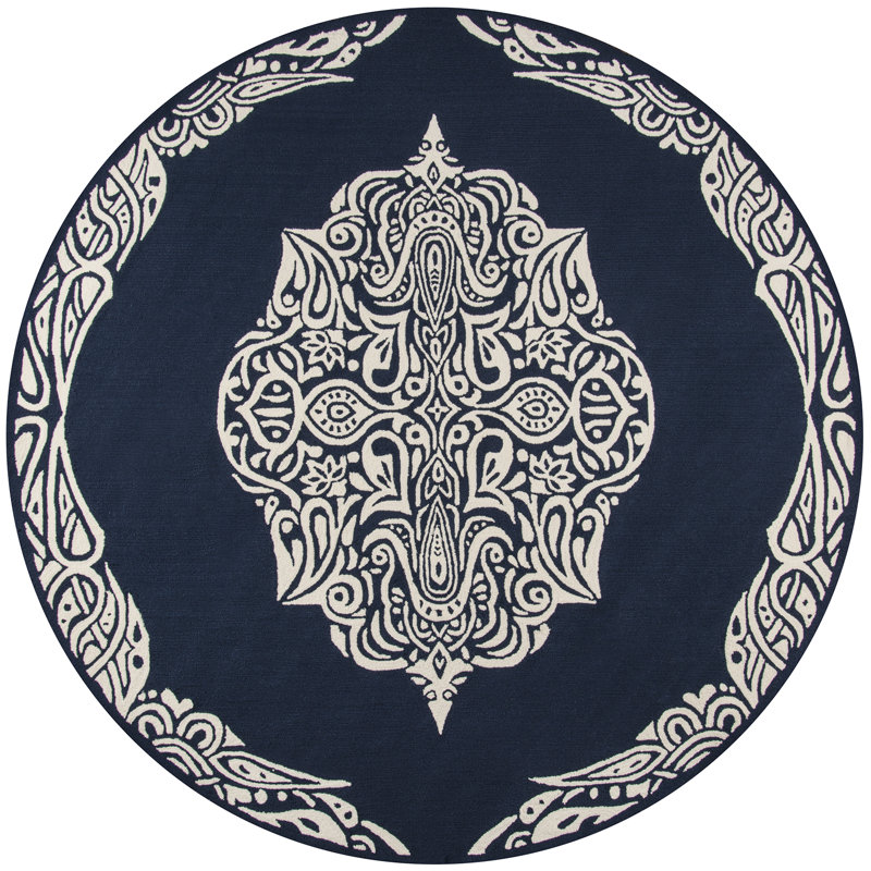 Tapis d'intérieur / extérieur bleu / blanc crocheté à la main Gracie, Rond 9 pi