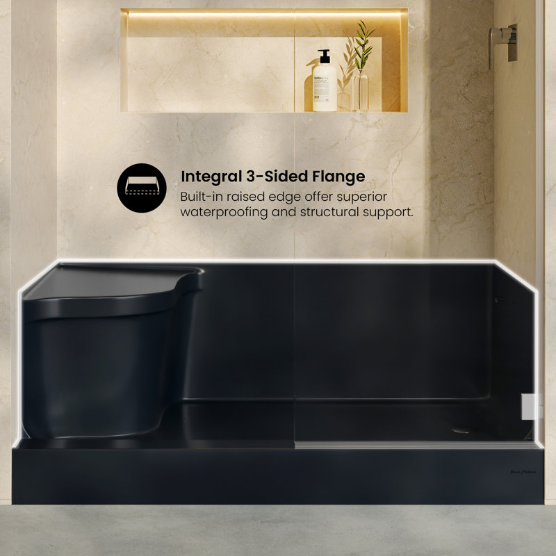 Aquatique 60" x 32" Right Drain, Shower Base in Matte Black, Right