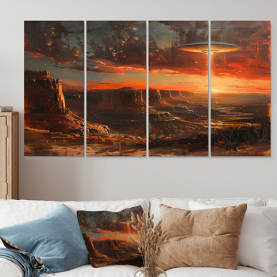 Brown Red Alien Landscape Ufos - Ufos Wall Art Set