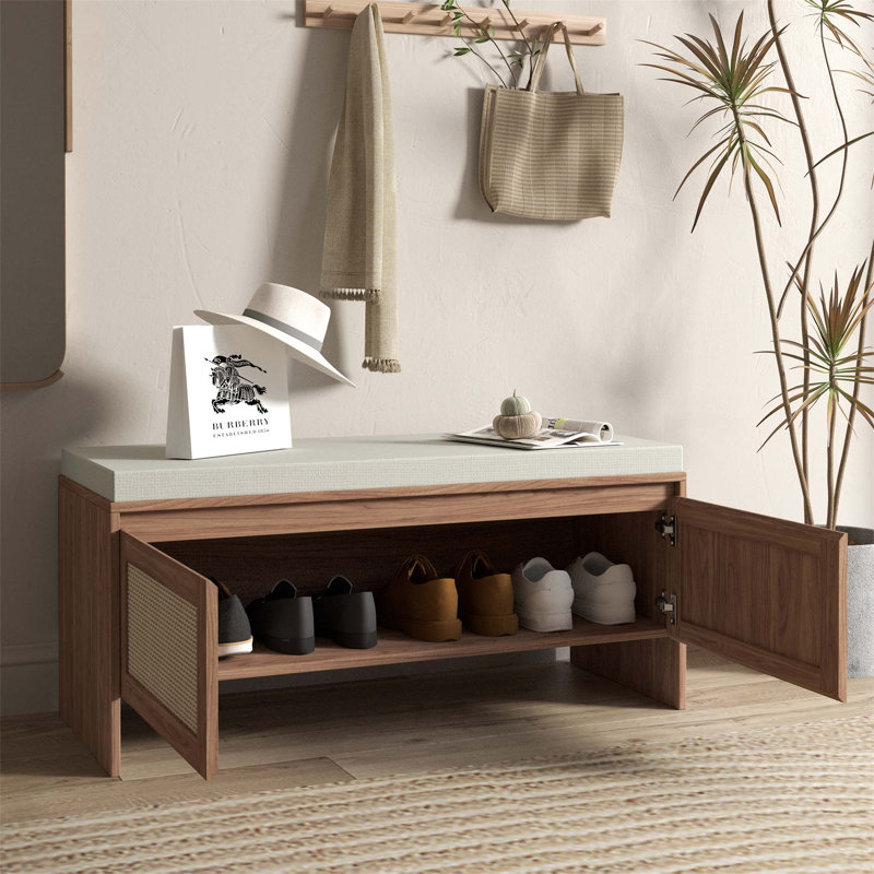 PP Rattan Storage Bench With Cushion, Faux Rattan Shoe Cabinet With 2 Doors, Mid-Century Modern Wood Entryway Seat, For Bedroom, Hallway, Mudroom