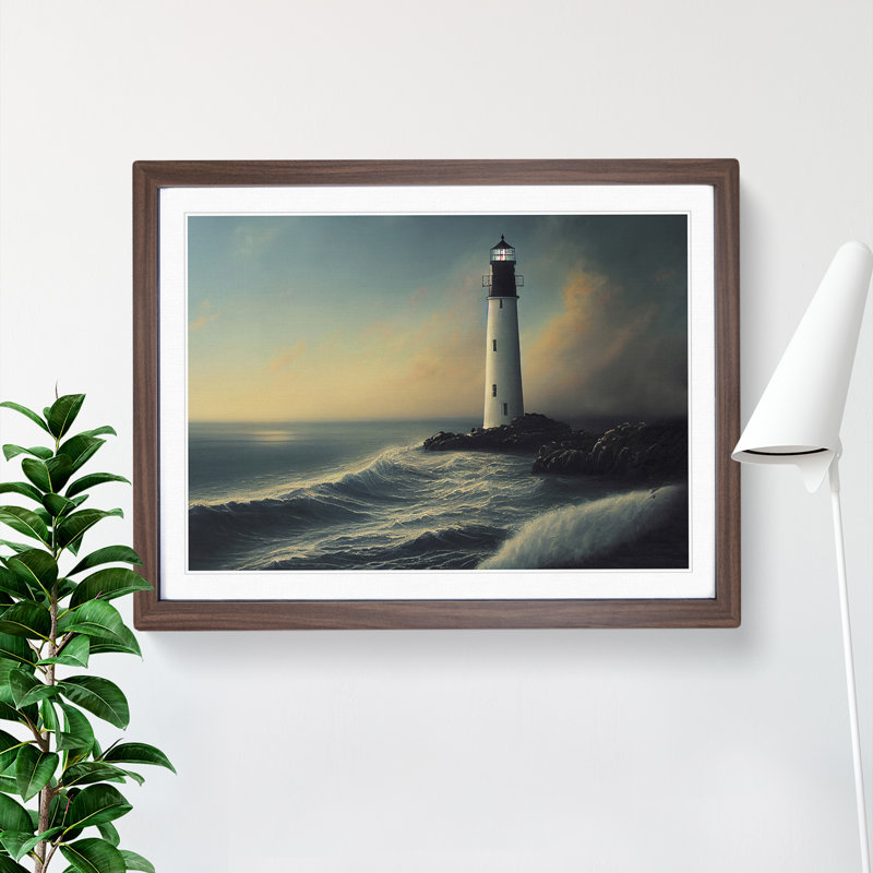 Shimmering Lighthouse Seascape - Framed Print, 25cm H x 34cm W x 2cm D, Walnut