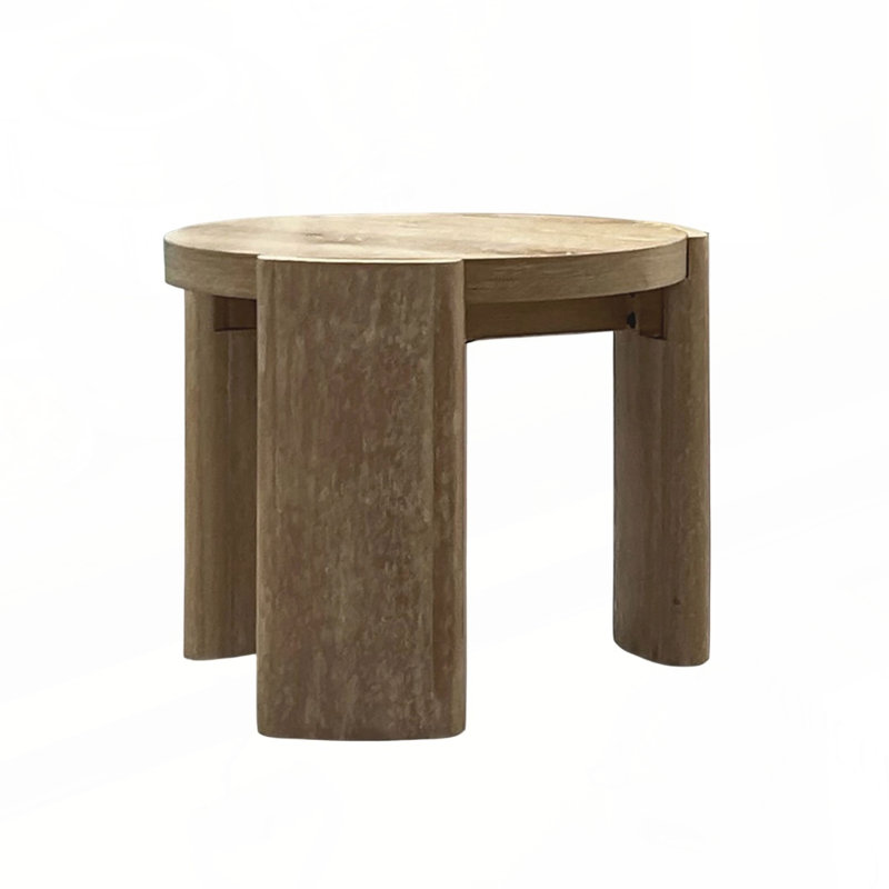 Table de bout ronde avec structure en bois d'hévéa et finition chêne