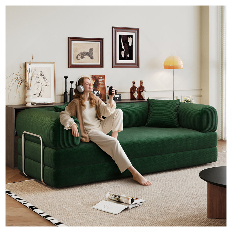 Canapé à compression de 78,8 po, canapé-lit convertible au sol avec accoudoirs avec dossier coussiné, canapé-lit futon confortable, canapé modulaire sans dossier Loveseat, tissu velours côtelé, pour le salon, la chambre à coucher, vert