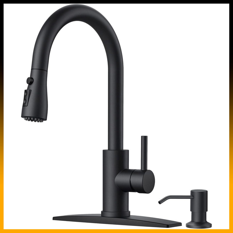 Stainless Steel Pull-Down Kitchen Faucet – High Arc, 3 Modes, with Soap Dispenser, Matte Black, No Sensor