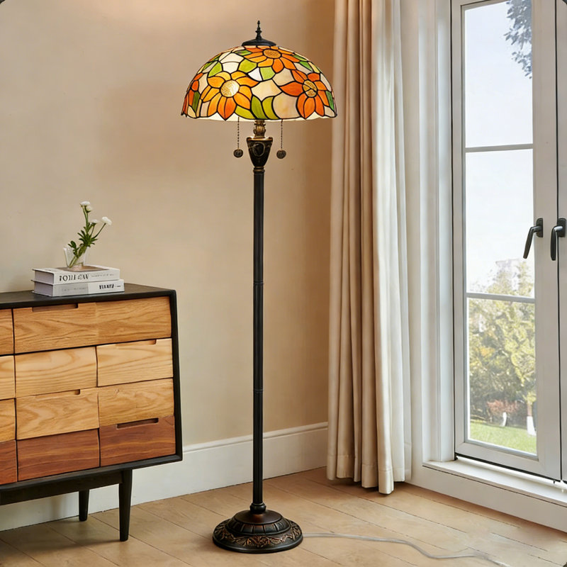64"H Tiffany Style Floor Lamp with Stained Glass Shade and Resin Base, Sunflower