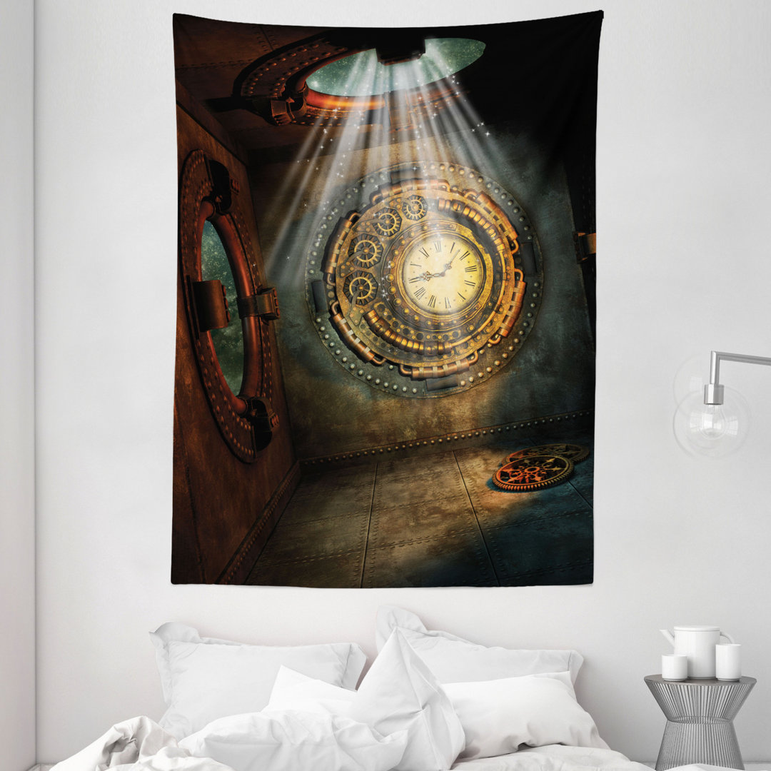 Wandbehang Fantasielandschaft mit Uhr Traumhimmel Strahlen von der Decke Fiktive Kunst