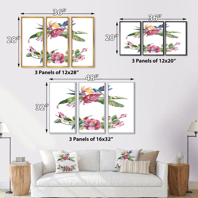«Spring Bouquet With Pink Flowers III», ensemble de 3 impressions sur toile, Cadre blanc, H 32 po x l 48 po x P 1 po