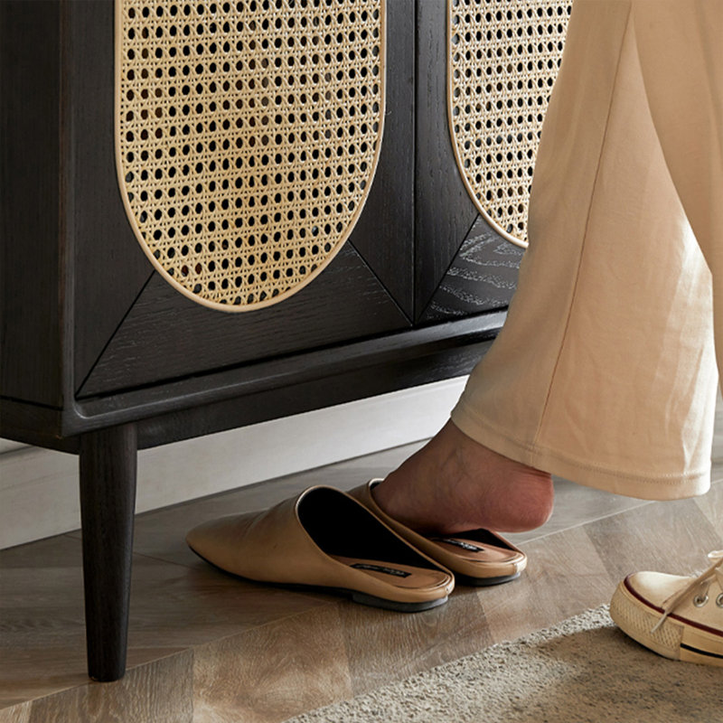 Black + Pale-yellow Solid Wood + Rattan Shoe Storage