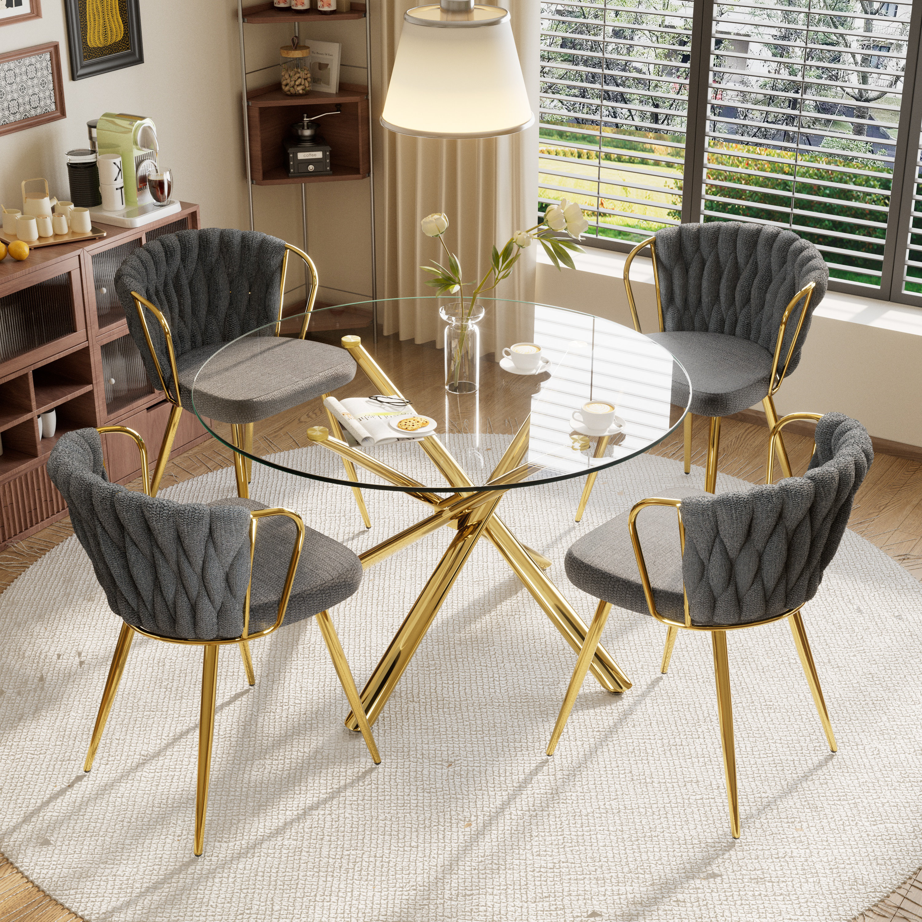 Mercer41 Piece Round Glass Dining Table Set, Linen Fabric
