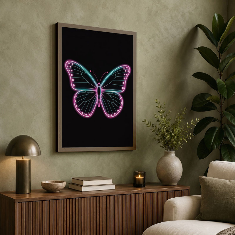 Neon Butterfly Modern - Wrapped Canvas, 18x12 - 45.7 x 30.5 cm, Black Border