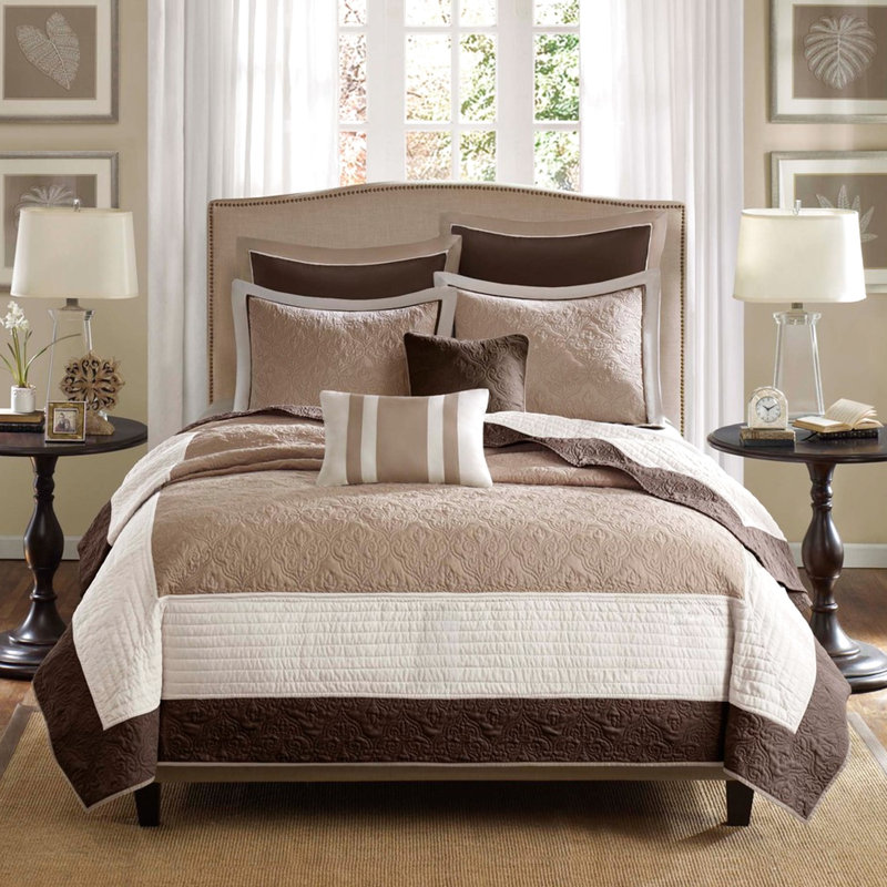 Courtepointe 7 pièces beige / grand, motif médaillon avec taies décoratives européennes et coussins, lavable à la machine double / grand ignifuge