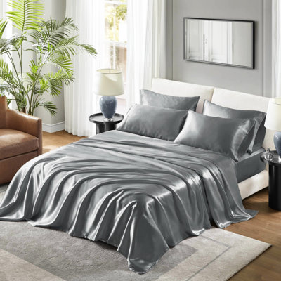 Twin Grey 100% Satin Sheet - Luxury, Wrinkle , Smooth On Skin, , 1 Flat 66"w X 96"l Sheet, Fitted 4 Pillowcases Luxury Gentle Hair,