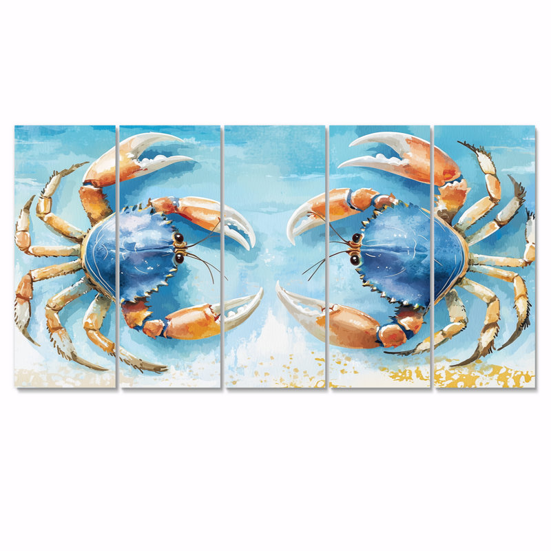 Bataille de crabe bleu à la plage III - ensemble d'art mural crabe, H 28 po x l 60 po