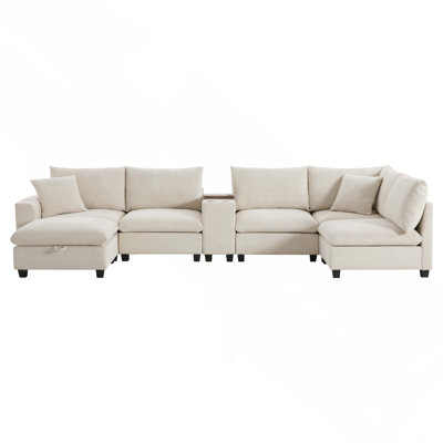 139'' U-shaped Modular Sectional Sofa with Console, Oversized L-Shaped Corduroy Couch with Wide Seat, USB Charger, Cup Holders, Movable Ottoman, Storage Pockets, 6 Seat for Living Room