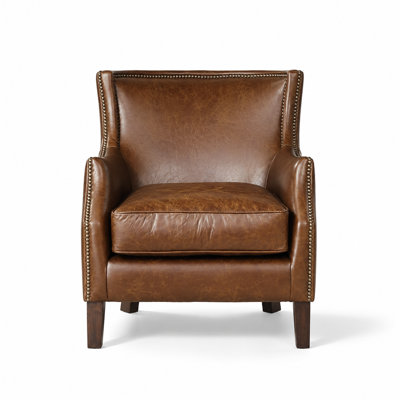 Single Upholstered Sofa Chair with Sturdy Long-Lasting Frame, Premium Soft Natural Leather Upholstery for Living Room, Home Office, Reading Nooks, Classic Traditional Design to Complement Most Home Decor and Interior Design Schemes