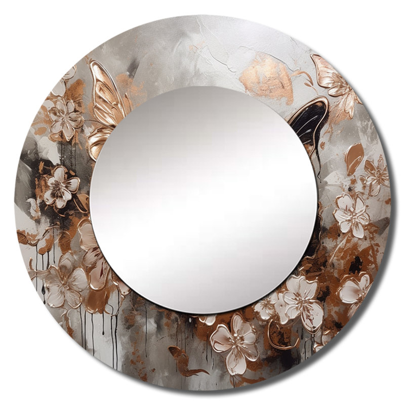 «Ailes de papillon et fleurs roses en or», miroir mural décoratif doré, 36 po x 36 po