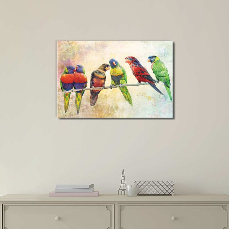 Bird " A Group Of Parrots Resting On A Branch ", 24" H x 36" W x 1.5" D