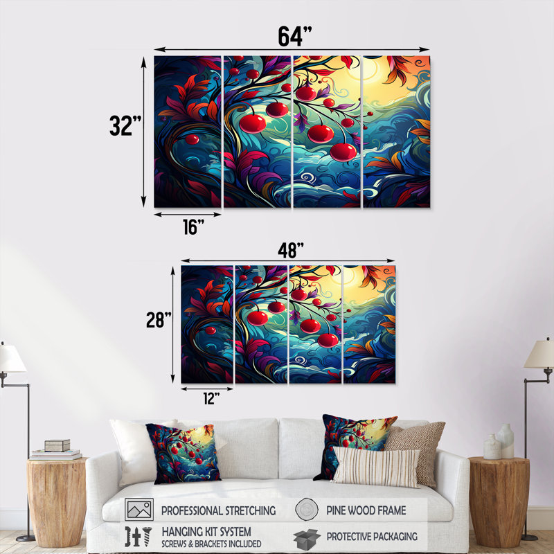«Cherry Tree Red and Blue Sunset - Cherry», art mural 4 pièces, H 28 po x l 48 po