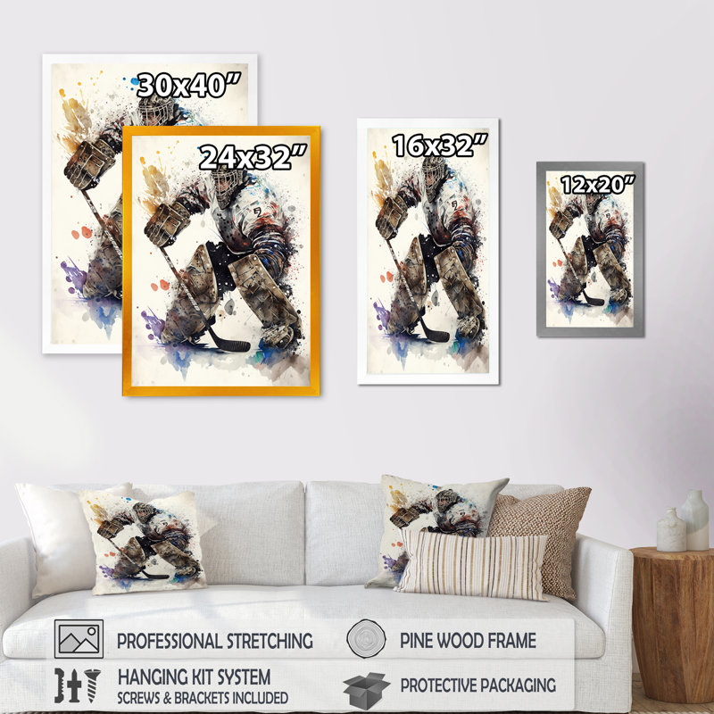 Hockey Hockey Gardien V - Impression sur toile, Impression noire sur toile encadrée, H 32 po x l 24 po x P 1 po