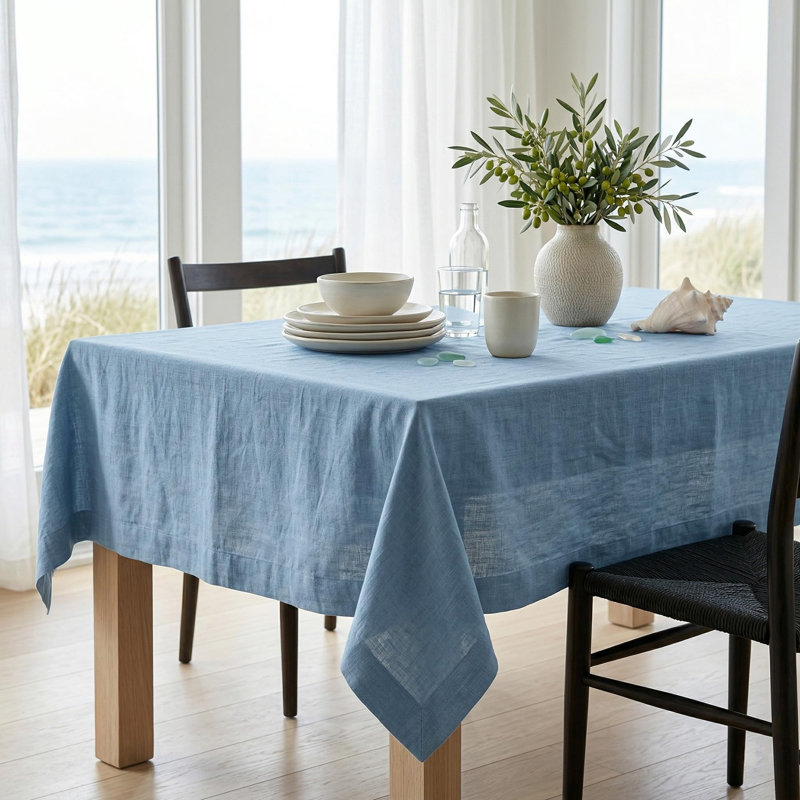 Diana - 100% Pure Linen Tablecloth, 108" L x 60" W, Dusty Chambray Blue, Solid Color